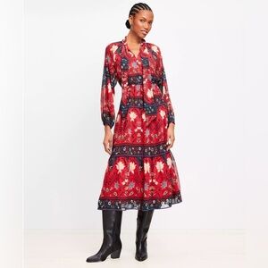 LOFT Red and Blue Floral Long Sleeve Dress